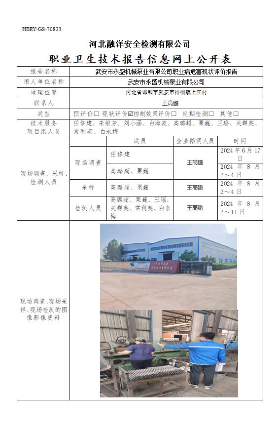 武安市永盛机械泵业有限公司职业病危害现状评价报告